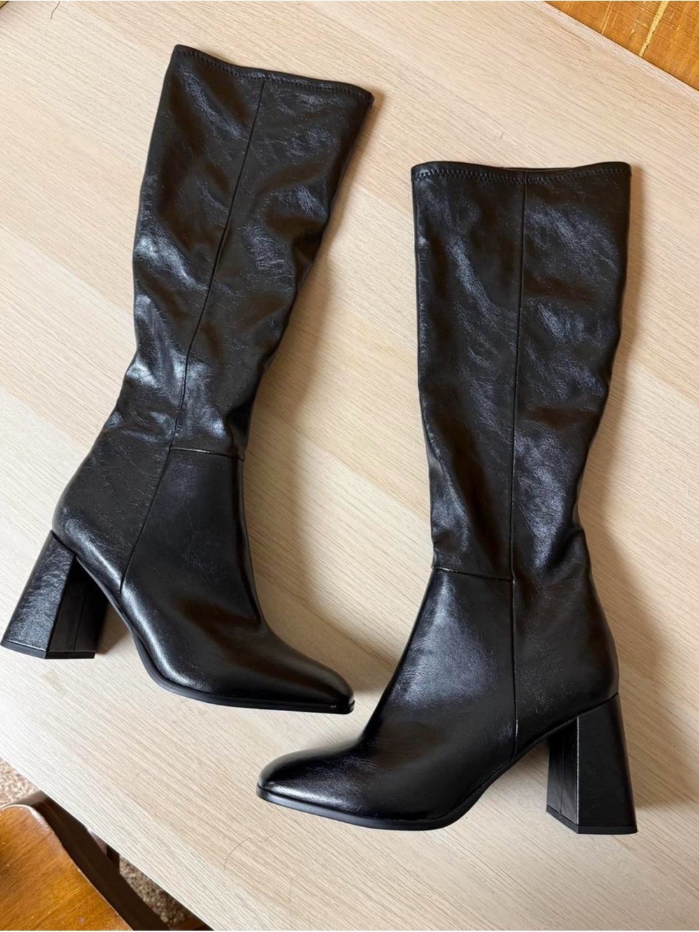 Steve Madden Black Leather Mid-Calf Block Heel Boots
